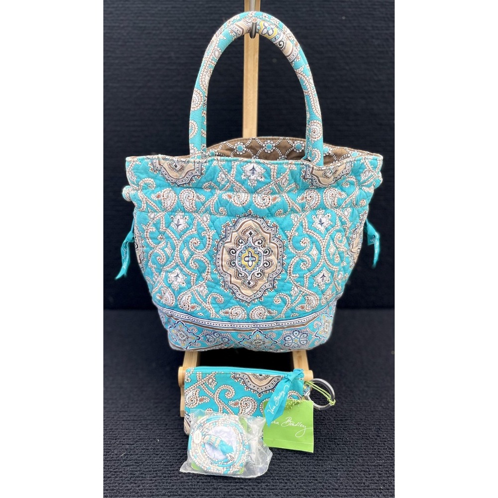 Vera Bradley Tote Bag Womens Blue Totally Turq‎ Quilted Purse Zip ID Case Set
